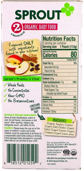 兒童健康，嬰兒餵養 - Sprout Organic Baby Food, Stage 2, Apple, Oatmeal, Raisin with Cinnamon, 5 Pouches, 4 oz (113 g) Each