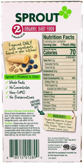 兒童健康，嬰兒餵養 - Sprout Organic Baby Food, Stage 2, Blueberry, Banana, Oatmeal, 6 Pouches, 3.5 oz (99 g) Each