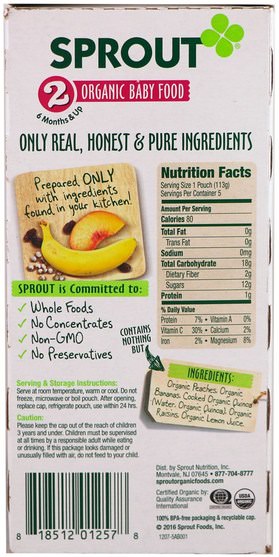兒童健康，嬰兒餵養 - Sprout Organic Baby Food, Stage 2, Peach, Banana, Quinoa, Raisin, 5 Pouches, 4 oz (113 g) Each