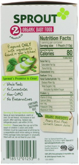 兒童健康，嬰兒餵養 - Sprout Organic Baby Food, Stage 2, Pear, Kiwi, Peas, Spinach, 5 Pouches, 4 oz (113 g) Each