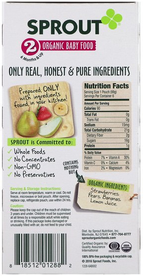 兒童健康，嬰兒餵養 - Sprout Organic Baby Food, Stage 2, Strawberry, Pear, Banana, 6 Pouches, 3.5 oz (99 g) Each