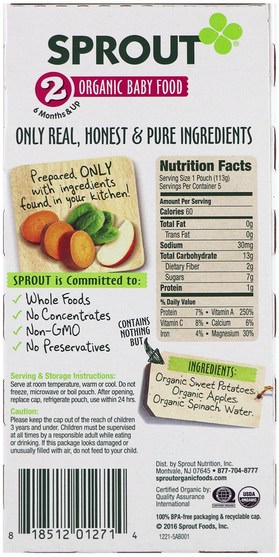兒童健康，嬰兒餵養 - Sprout Organic Baby Food, Stage 2, Sweet Potato, Apple Spinach, 5 Pouches, 4 oz (113 g) Each
