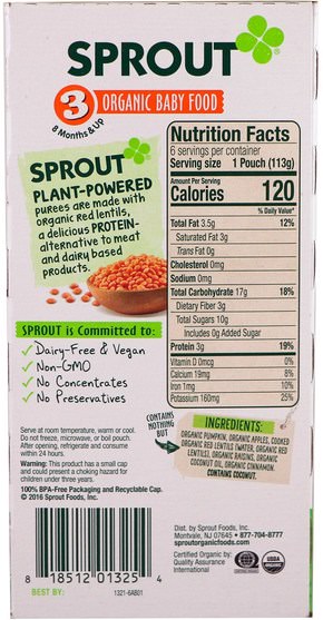 兒童健康，嬰兒餵養 - Sprout Organic Baby Food, Stage 3, Pumpkin, Apple, Red Lentil With Cinnamon, 6 Pouches, 4 oz (113 g) Each