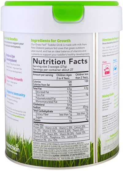 兒童健康，嬰兒配方奶粉和奶粉，有機配方 - Munchkin, Grass Fed, Toddler Drink Powder, Milk-Based with Iron, 1 to 3 Years, 1.6 lb (730 g)