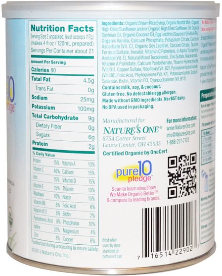 兒童健康，嬰兒配方奶粉和奶粉，有機配方 - Natures One, Toddler Formula, DHA & ARA, Dairy, Iron Fortified, 12.7 oz (360 g)