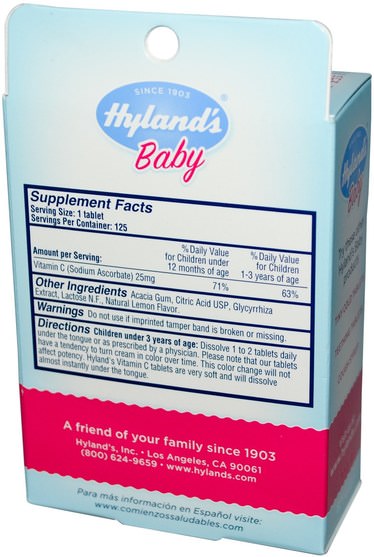 兒童健康，嬰兒，嬰兒補充劑，維生素C，維生素C咀嚼片 - Hylands, Baby, Vitamin C Tablets, Natural Lemon Flavored, 125 Tablets