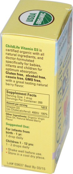 兒童健康，嬰兒，嬰兒補品，維生素D3 - ChildLife, Organic Vitamin D3 Drops, Natural Berry Flavor, 400 IU, 0.338 fl oz (10 ml)