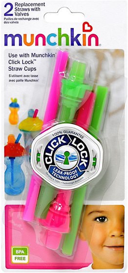 兒童健康，嬰幼兒用品，廚具，杯碟碗 - Munchkin, Click Lock, Replacement Straws with Valves, 2 Pack