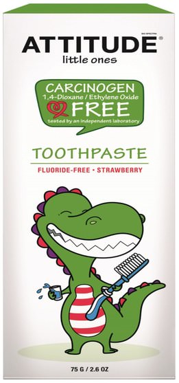 兒童健康，嬰兒口腔護理，牙膏，兒童和嬰兒牙膏 - ATTITUDE, Little Ones, Toothpaste, Fluoride Free, Strawberry, 2.6 oz (75 g)
