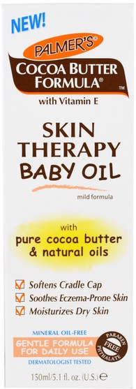 兒童健康，尿布，嬰兒爽身粉油 - Palmers, Cocoa Butter Formula with Vitamin E, Skin Therapy Baby Oil Mild Formula, 5.1 fl oz (150 ml)