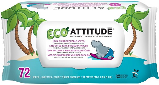 兒童健康，尿布，嬰兒濕巾 - ATTITUDE, Eco Wipes, Fragrance-Free, 72 Wipes