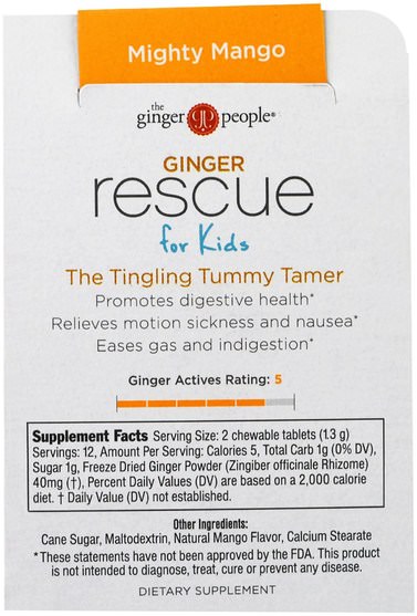 兒童的健康，消化，胃 - The Ginger People, Ginger Rescue, Chewable Ginger Tablets for Kids, Mighty Mango, 24 Tablets (15.6 g)