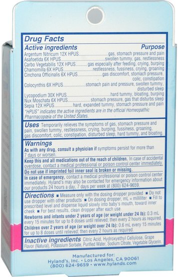 兒童健康，抱怨水絞痛，順勢療法緩解疼痛 - Hylands, Baby, Gas Drops, Natural Grape Flavor, 1 fl oz (29.5 ml)