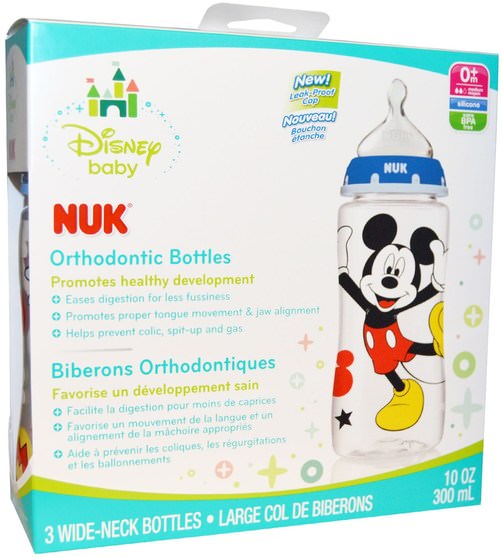 兒童健康，兒童食品，嬰兒餵養，嬰兒奶瓶 - NUK, Disney Baby, Orthodontic Bottles, Medium, Blue, 0+ Months, 3 Bottles, 10 oz (300 ml) Each
