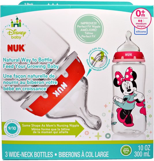 兒童健康，兒童食品，嬰兒餵養，嬰兒奶瓶 - NUK, Disney Baby, Wide-Neck Bottles, Medium, 0+ Months, Pink, 3 Bottles, 10 oz (300 ml) Each