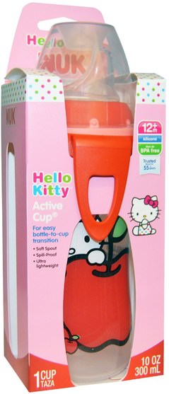兒童健康，兒童食品，嬰兒餵養，嬰兒奶瓶 - NUK, Hello Kitty Active Cup, 12 + Month, 1 Cup, 10 oz (300 ml)