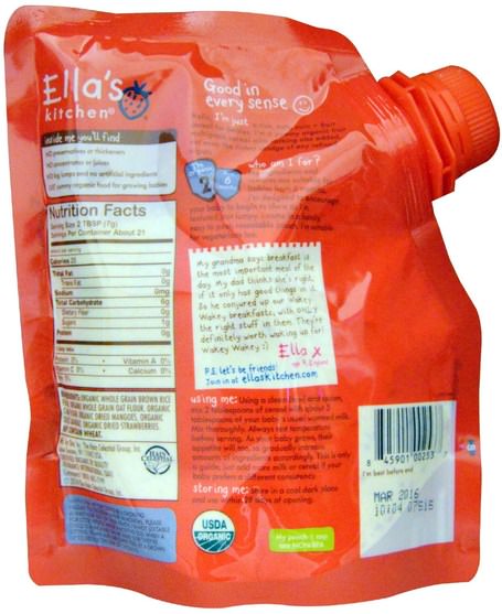 兒童健康，兒童食品，嬰兒餵養，嬰兒穀物 - Ellas Kitchen, Wakey Wakey Mango, Banana + Strawberry Multigrain Baby Cereal, Stage 2, 5.3 oz (150 g)