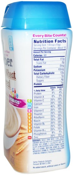 兒童健康，兒童食品，嬰兒餵養，嬰兒穀物 - Gerber, Whole Wheat Cereal, 8 oz (227 g)