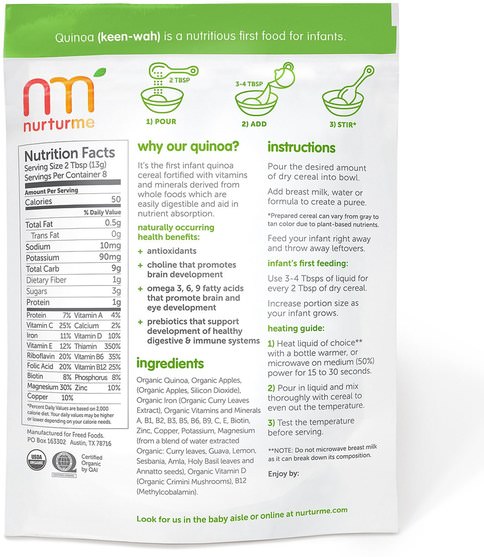 兒童健康，兒童食品，嬰兒餵養，嬰兒穀物 - NurturMe, Organic Baby Cereal, Quinoa + Apple, 3.7 oz (104 g)