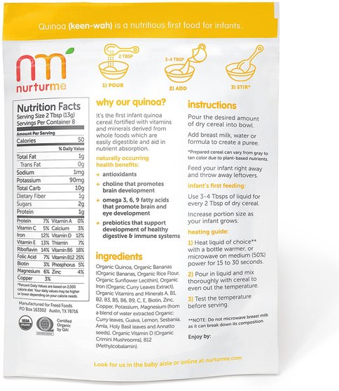 兒童健康，兒童食品，嬰兒餵養，嬰兒穀物 - NurturMe, Organic Baby Cereal, Quinoa + Banana, 3.7 oz (104 g)