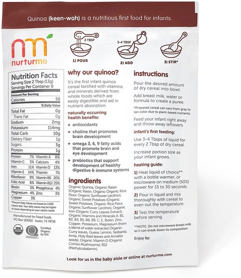 兒童健康，兒童食品，嬰兒餵養，嬰兒穀物 - NurturMe, Organic Baby Cereal, Quinoa + Sweet Potato + Raisin, 3.7 oz (104 g)