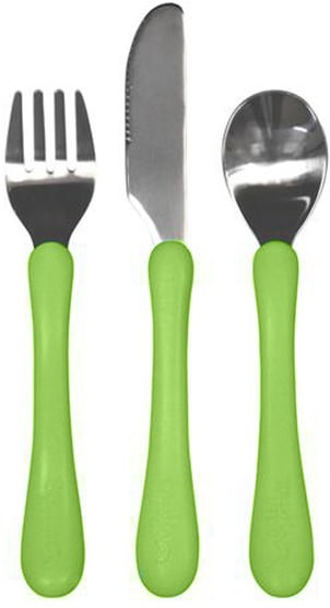 兒童健康，兒童食品，嬰兒餵養和清潔 - iPlay Learning Cutlery Set, 12+ Months, Green Handle, 1 Fork, Knife Spoon