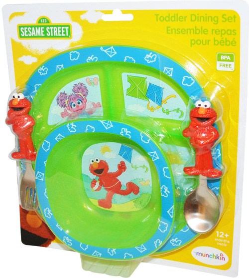 兒童健康，兒童食品，嬰兒餵養和清潔 - Munchkin, Sesame Street Toddler Dining Set, 4 Piece Set
