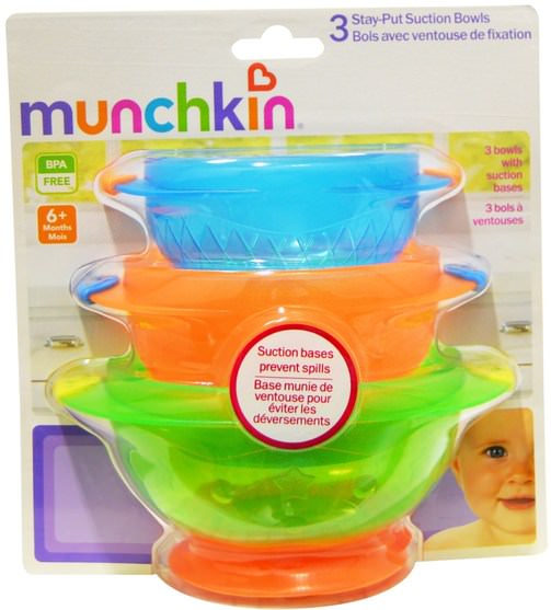 兒童健康，兒童食品，嬰兒餵養和清潔 - Munchkin, Stay-Put Suction Bowls, 6 + Months, 3 Bowls