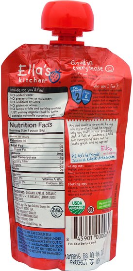 兒童健康，兒童食品，嬰兒餵養，食物 - Ellas Kitchen, Apples + Strawberries, Super Smooth Puree, Stage 2, 3.5 oz (99 g)