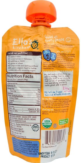 兒童健康，兒童食品，嬰兒餵養，食物 - Ellas Kitchen, Bananas, Apricots + Baby Rice, Stage 2, 3.5 oz (99 g)