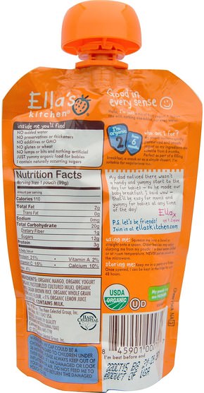 兒童健康，兒童食品，嬰兒餵養，食物 - Ellas Kitchen, Mango Baby Breakfast, Smooth Fruit Yogurt + Brown Rice, 3.5 oz (99 g)