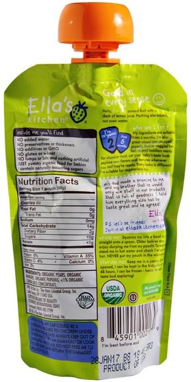 兒童健康，兒童食品，嬰兒餵養，食物 - Ellas Kitchen, Super Smooth Puree, Organic Pears Mangoes + Papayas, 3.5 oz (99 g)