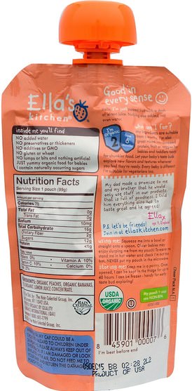 兒童健康，兒童食品，嬰兒餵養，食物 - Ellas Kitchen, Super Smooth Puree, Peaches + Bananas, 3.5 oz (99 g)