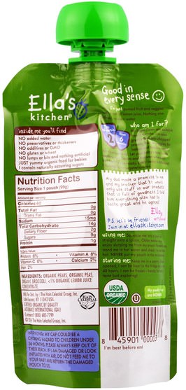 兒童健康，兒童食品，嬰兒餵養，食物 - Ellas Kitchen, Super Smooth Puree, Pears, Peas + Broccoli, 3.5 oz (99 g)