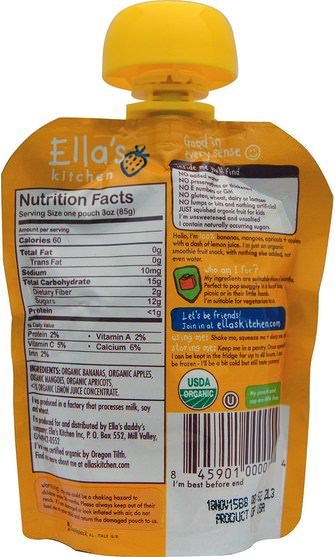 兒童健康，兒童食品，嬰兒餵養，食物 - Ellas Kitchen, The Yellow One, Squished Smoothie Fruits, 3.0 oz (85 g)