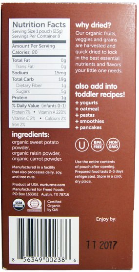 兒童健康，兒童食品，嬰兒餵養，食物 - NurturMe, Dried Baby Food, Carrots, Raisins, Sweet Potatoes, 8 Pouches.81 oz (23 g) Each 