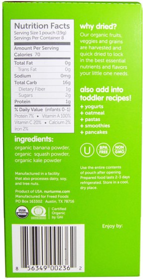 兒童健康，兒童食品，嬰兒餵養，食物 - NurturMe, Dried Baby Food, Squash, Bananas, Green Kale, 8 Pouches.67 oz (19 g) Each