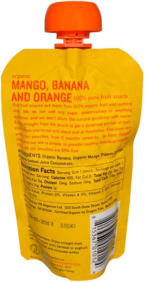兒童健康，兒童食品，嬰兒餵養，食物 - Peter Rabbit Organics, Organic 100% Pure Fruit Snack, Mango, Banana and Orange, 4 oz (113 g)