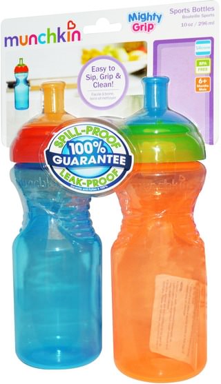 兒童健康，兒童食品，嬰兒餵養，吸管杯 - Munchkin, Mighty Grip Sports Bottles, 6+ Months, 2 Bottles, 10 oz (296 ml) Each