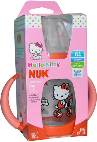 兒童健康，兒童食品，嬰兒餵養，吸管杯 - NUK, Hello Kitty, Learner Cup, 6+ Months, 1 Cup, 5 oz (150 ml)