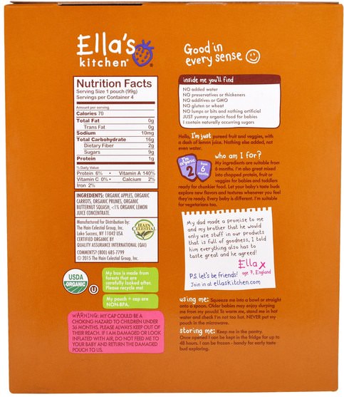 兒童健康，兒童食品 - Ellas Kitchen, Apples, Carrots, Prunes and Butternut Squash, Stage 2, 4 Pouches, 14 oz (396 g) Each