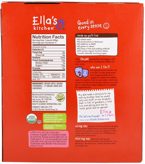 兒童健康，兒童食品 - Ellas Kitchen, Apples, Strawberries, Super Smooth Puree, Stage 2, 4 Pouches, 3.5 oz (99 g) Each