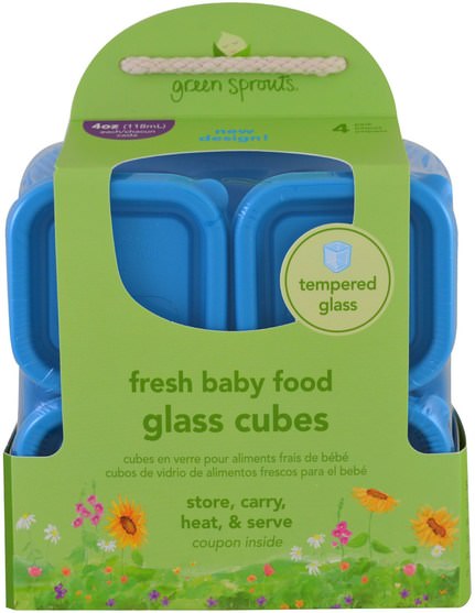 兒童健康，兒童食品 - iPlay Green Sprouts, Fresh Baby Food, Glass Cubes, Aqua, 4 Pack, 4 oz (118 ml) Each
