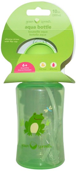兒童健康，兒童食品，廚具，杯碟碗 - iPlay Green Sprouts, Aqua Bottle, Green, 10 oz (300 ml)