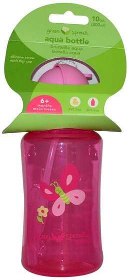 兒童健康，兒童食品，廚具，杯碟碗 - iPlay Green Sprouts, Aqua Bottle, Pink, 10 oz (300 ml)