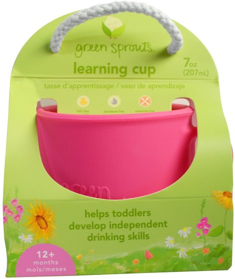 兒童健康，兒童食品，廚具，杯碟碗 - iPlay Green Sprouts, Learning Cup, 12+ Months, Pink, 7 oz (207 ml)