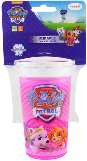 兒童健康，兒童食品 - Munchkin, Paw Patrol, Miracle 360 Cup, Girl, 12+ Months, 9 oz (266 ml)