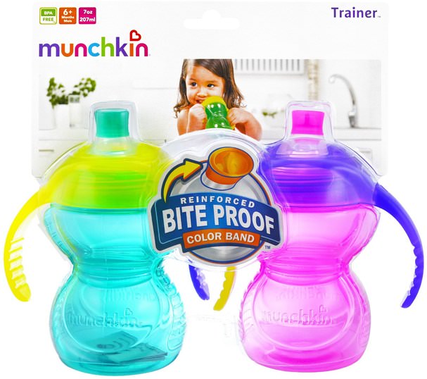 兒童健康，兒童食品 - Munchkin, Reinforced Bite Proof Color Band, 2 Trainer Cups, 6+ Months, 2 Pack, 7 oz (207 ml)