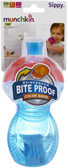 兒童健康，兒童食品 - Munchkin, Reinforced Bite Proof Color Band, Sippy Cup, 9+ Months, 9 oz (266 ml)