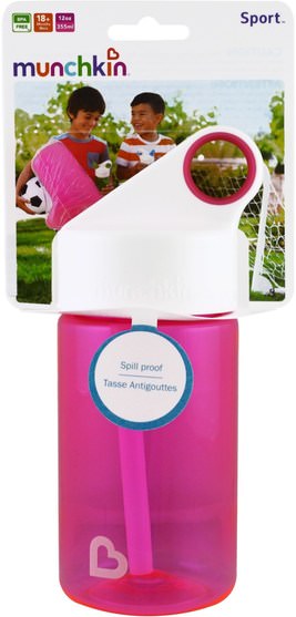 兒童健康，兒童食品 - Munchkin, Sport, Kids Reusable Bottle, 18+ Months, Pink, 12 oz (355 ml)